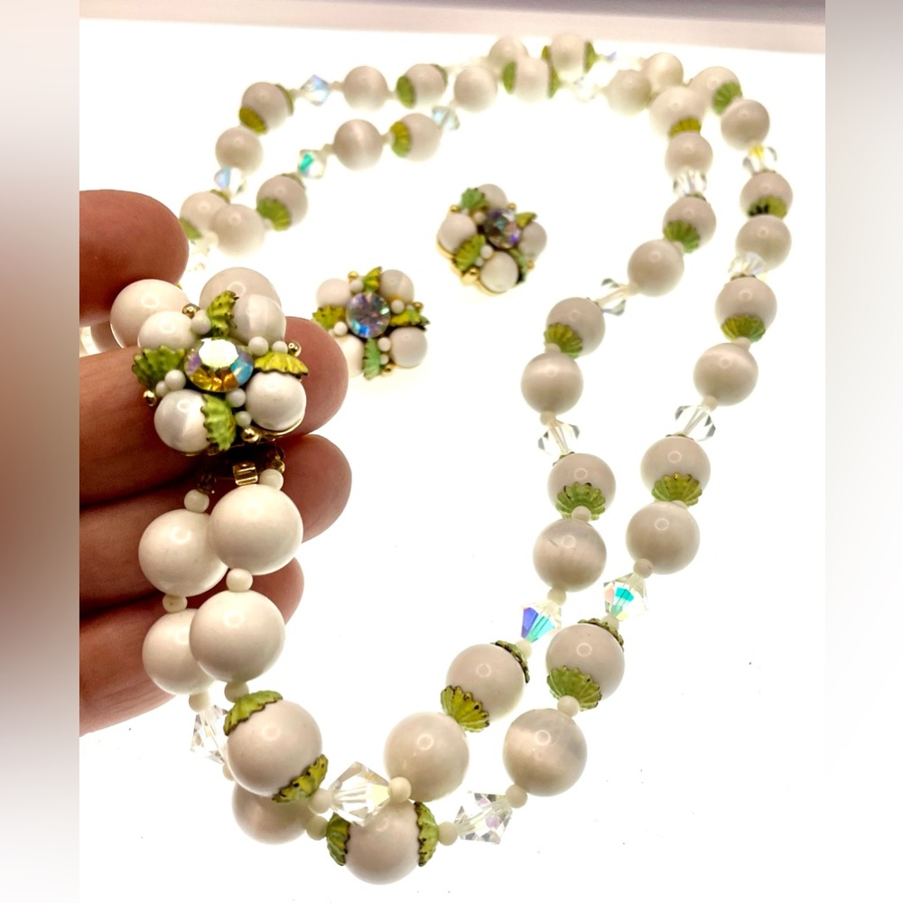 Vintage MCM Double Strand Acrylic Bead Faceted Crystals Necklace with Earrings - Picture 5 of 13